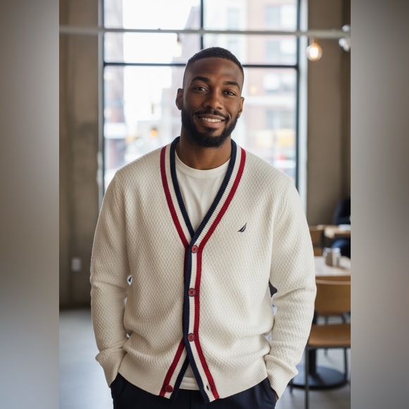 Nautica Cardigan Sweater Cotton Mens Sz XL Navy Crimson Trim Preppy Vintage - Picture 1 of 8